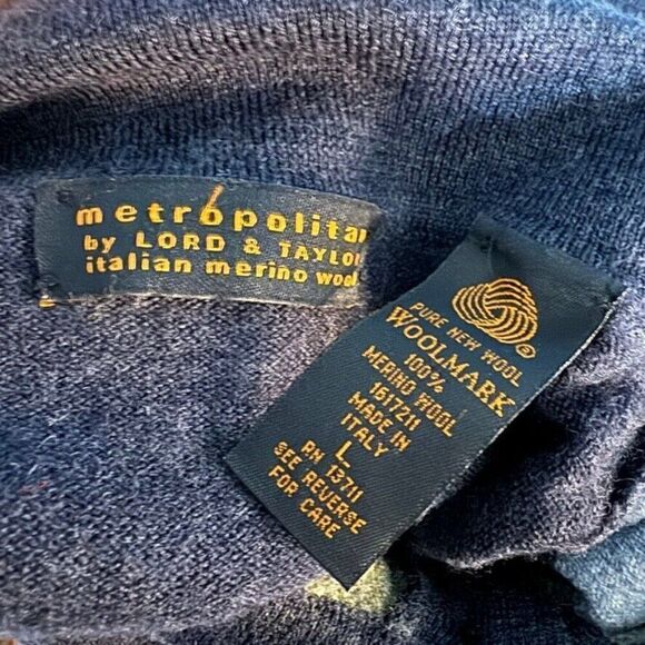 Vintage Lord & Taylor Navy Blue Green Argyle 100% Merino Wool Polo Sweater Sz L - Picture 2 of 5